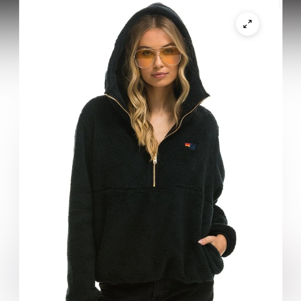 Aviator Nation TEDDY UNISEX HOODED HALF ZIP JACKET - BLACK size XS